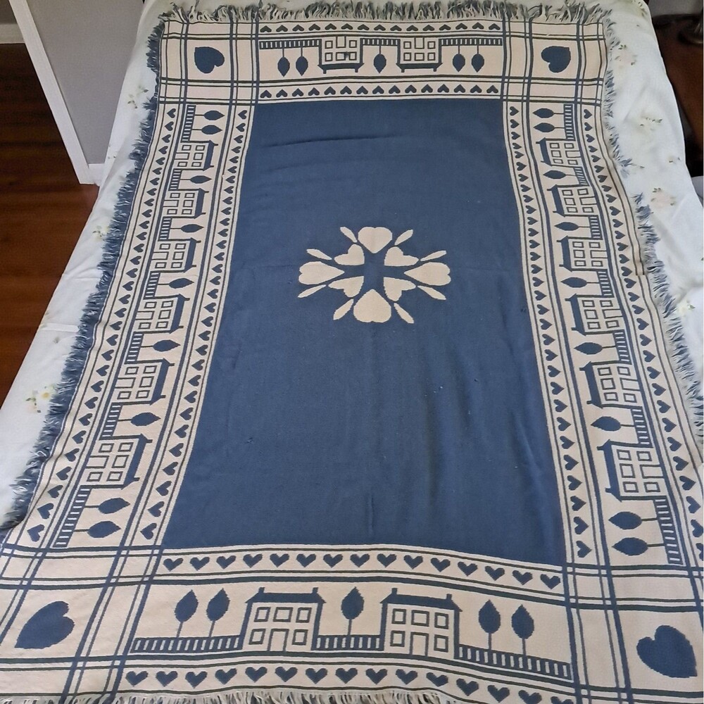 Cottagecore Blue Heart Woven Tapestry Throw Fringe Blanket Reversible Vtg - Picture 5 of 9